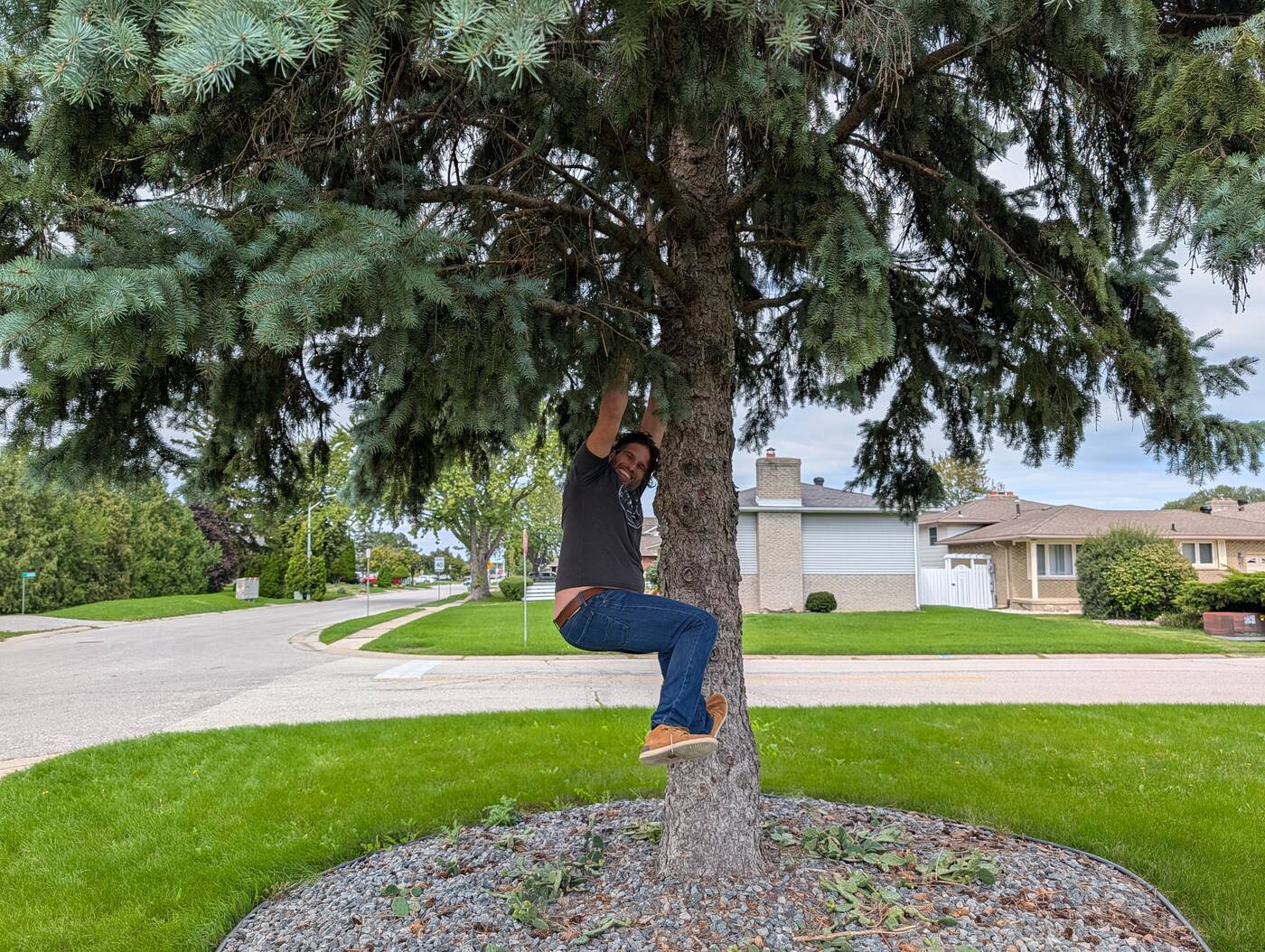 Ben Puzzuoli hanging from a tree branch in a suburban front yard, wearing a NAPD shirt.